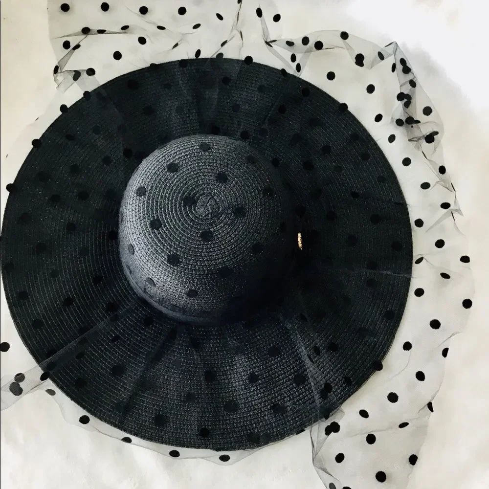 Black Wide Brim Black Veil Polka Dot Floppy Summer Straw Hat NEW